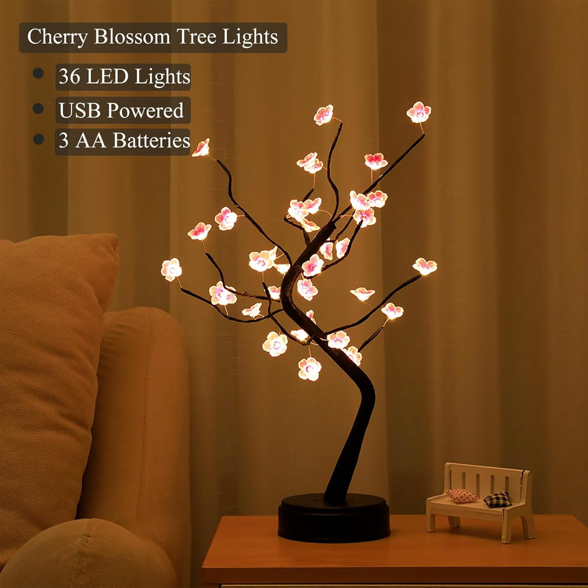 36 LED Cherry Blossom Sparkly Fairy Spirit Tree Lights, Twinkling Tree 3AA&USB Powered, Tabletop