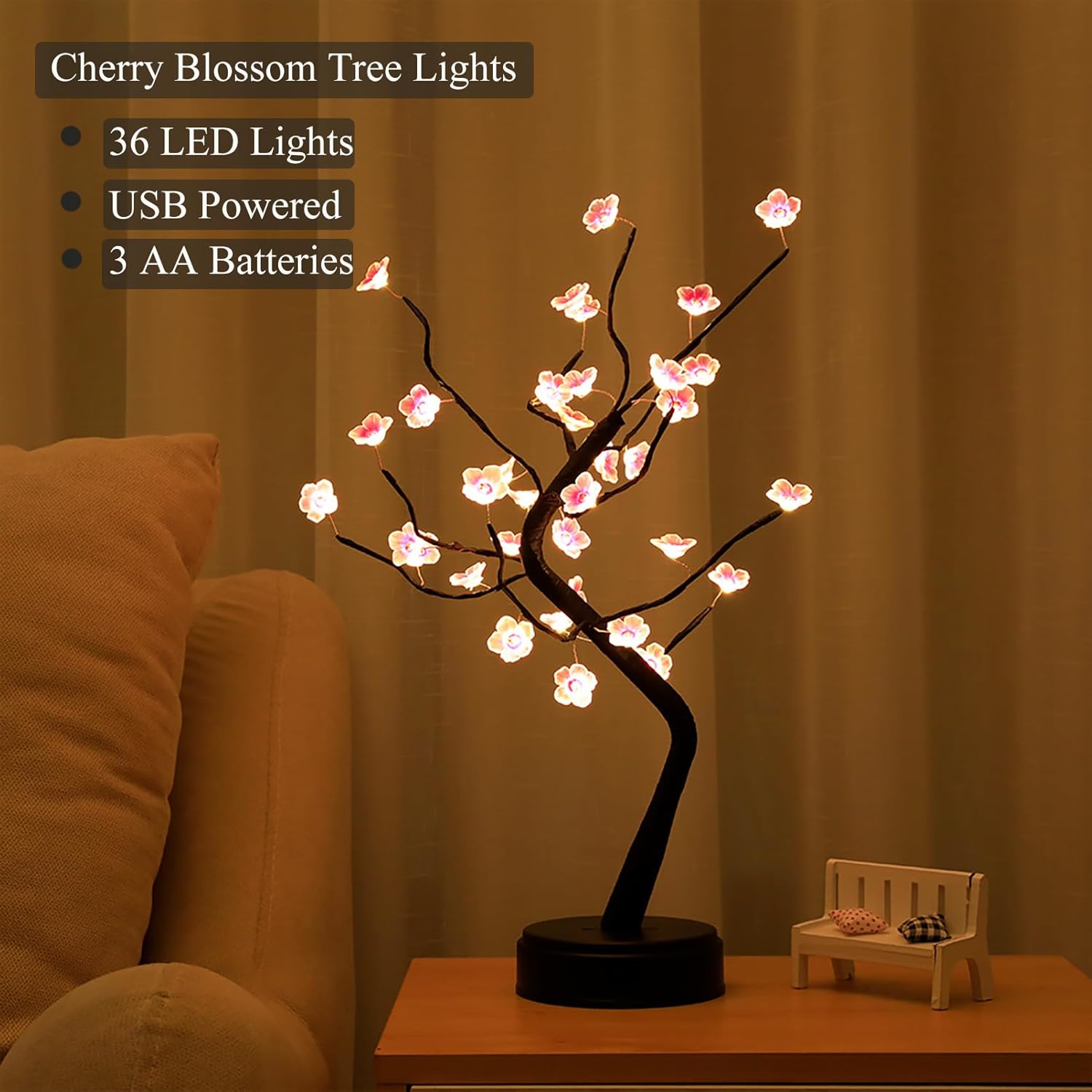 36 LED Cherry Blossom Sparkly Fairy Spirit Tree Lights, Twinkling Tree 3AA&USB Powered, Tabletop