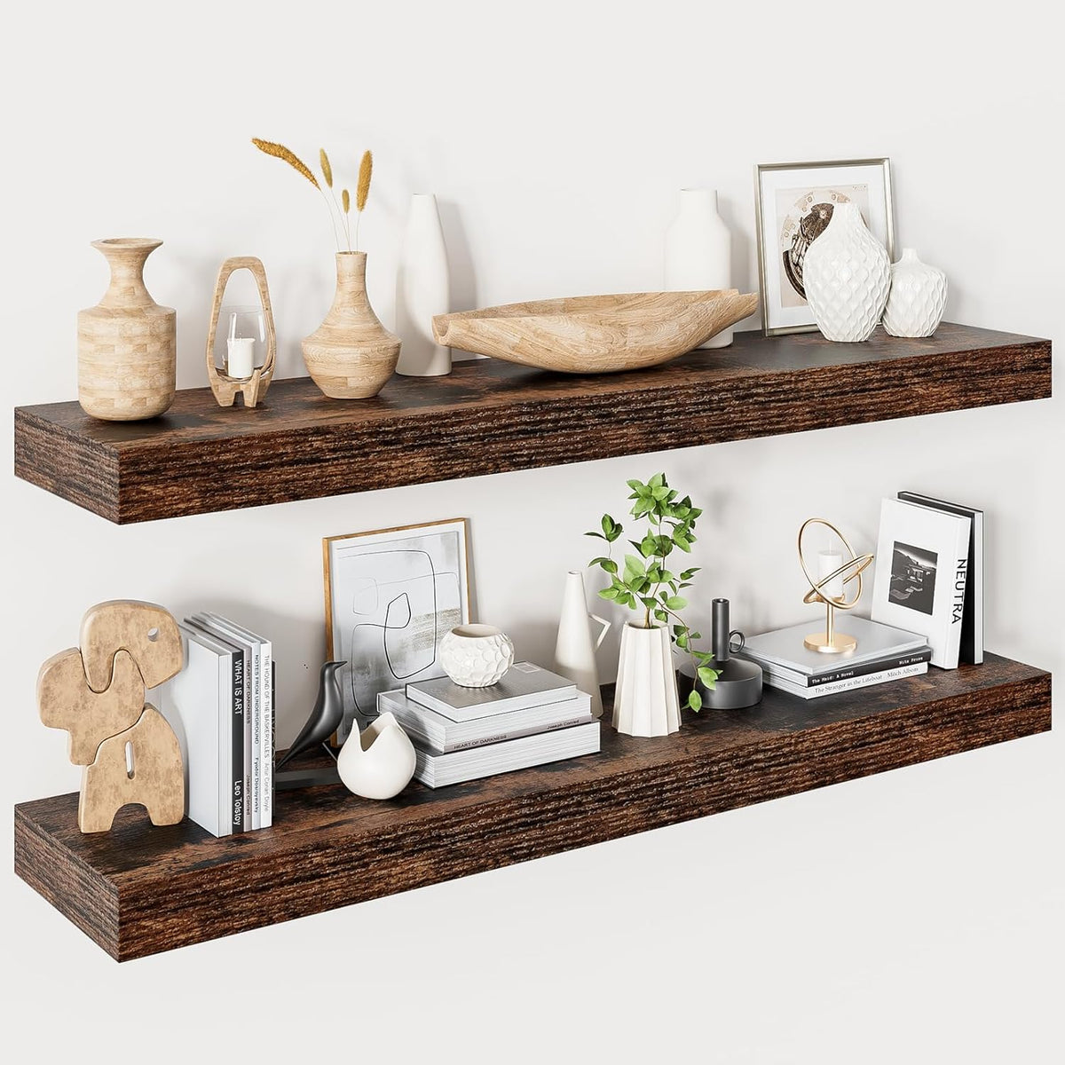 Heimlove 40 Inches Floating Shelves for Wall,9.3" Deep Rustic Brown Long Floating Shelves Set of