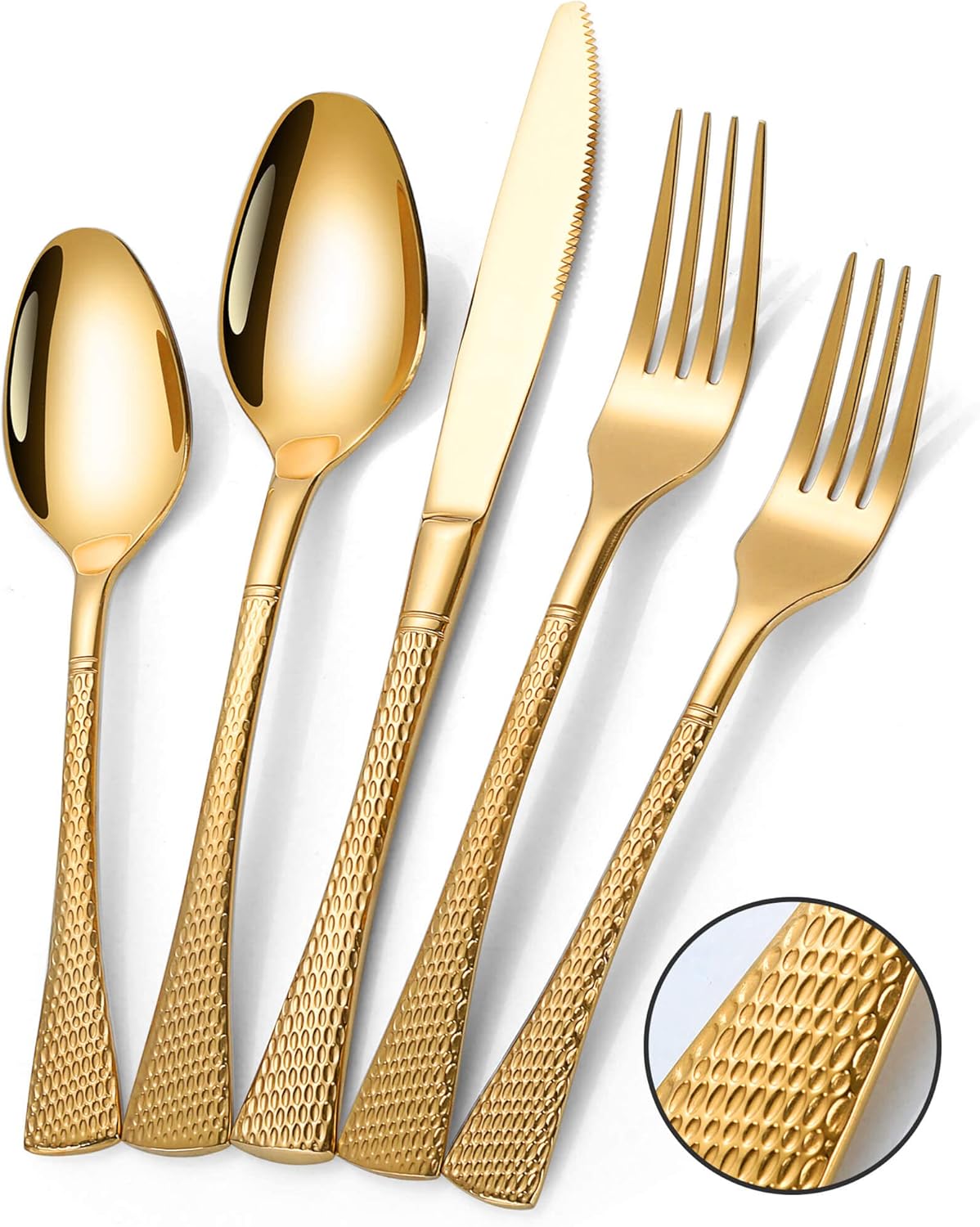 Hammered Gold Silverware Set for 8,Stainless Steel 40-Piece Modern Cutlery Set,Mirror Polished