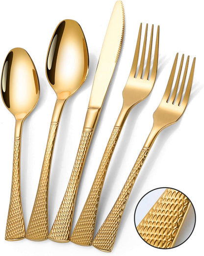 Hammered Gold Silverware Set for 8,Stainless Steel 40-Piece Modern Cutlery Set,Mirror Polished