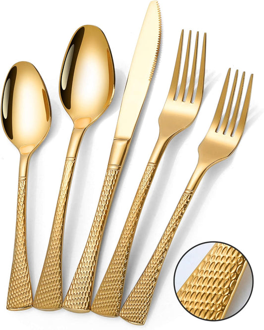 Hammered Gold Silverware Set,20 Piece Modern Flatware Set Service for 4,Mirror Polished Stainless
