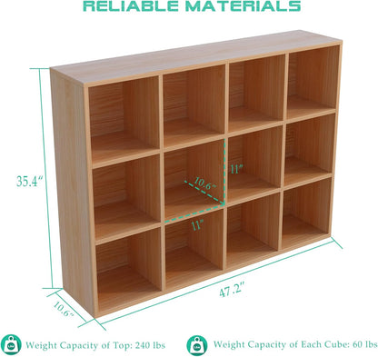 12-Cube Storage Shelf Bookcase - Wooden 3-Tier Floor Standing Open Bookshelf for Home and Office