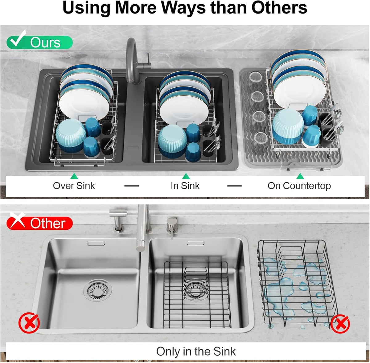 GSlife Stainless Steel Dish Drying Rack - Capacity Expandable in Sink Dish Drainer with Silicone