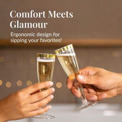 Prestee 48 Disposable Plastic Champagne Flutes with Gold Rim Glitter - Clear Toasting Glasses for