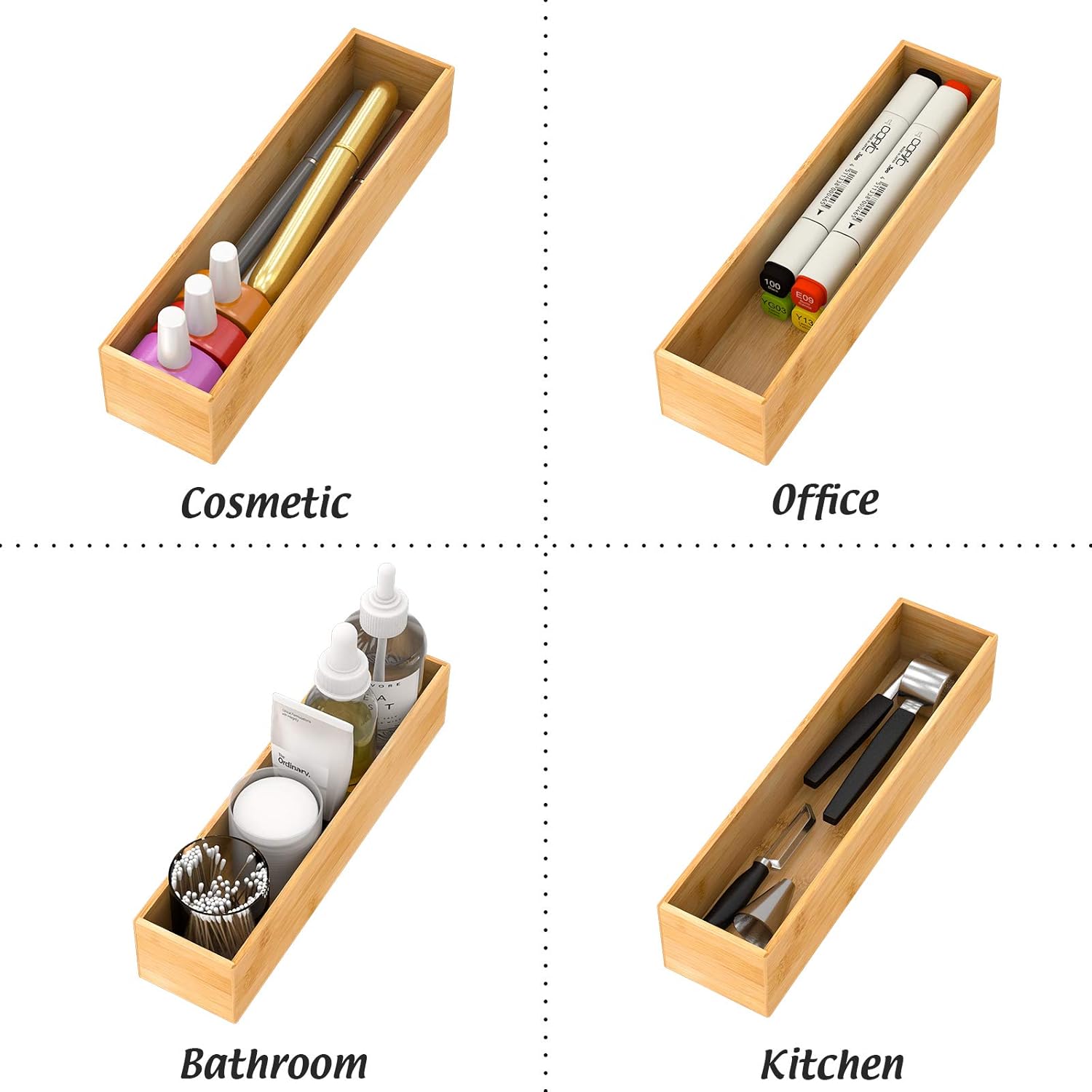 Bamboo Kitchen Drawer Organizer, Wooden Storage Box for Utensil Organizer Silverware Tray Cutlery