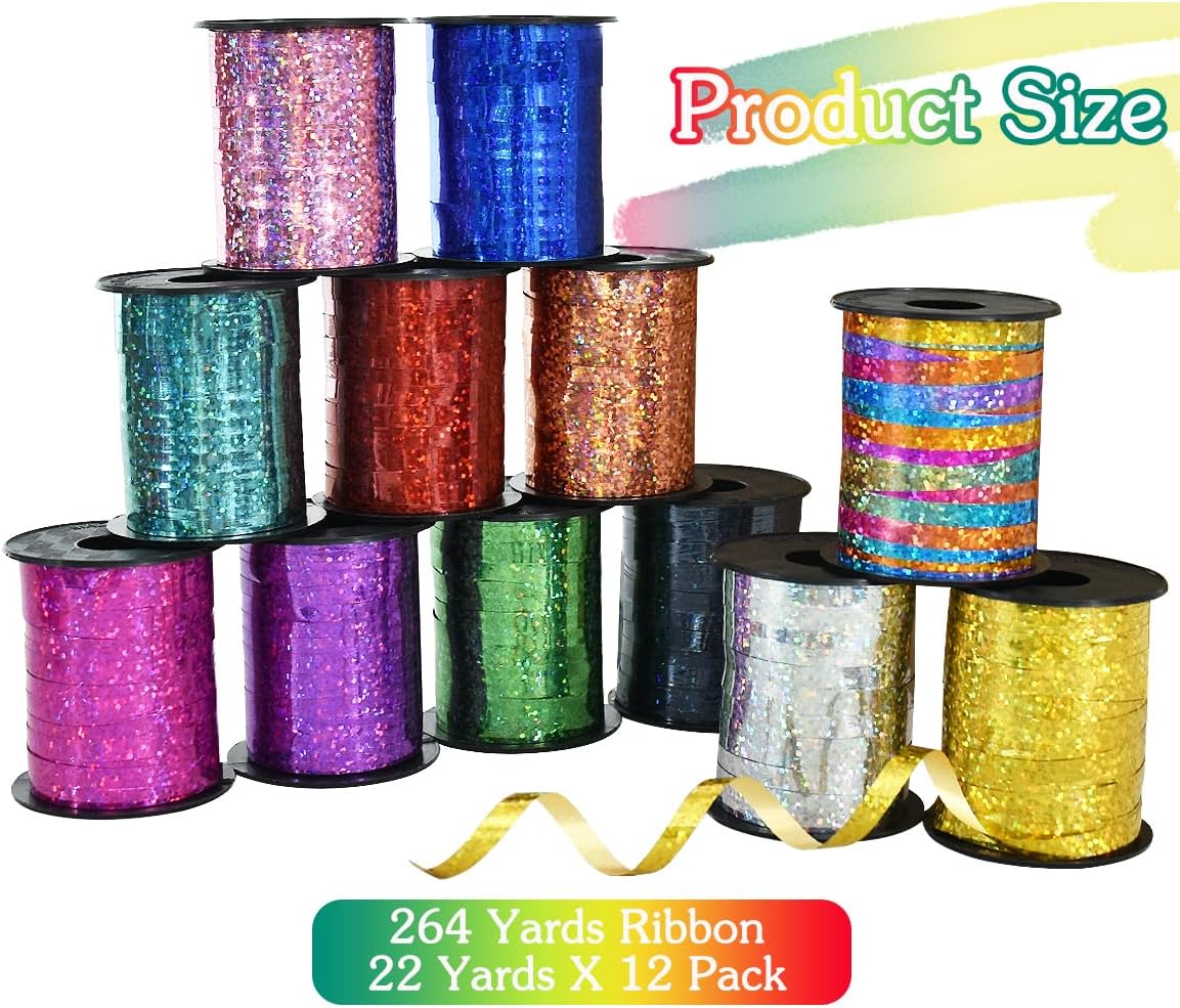 BEISHIDA 12 Assorted Colors Curling Ribbons Set,Rainbow Balloons Strings,1/5 ''Thin 264yds for Gift