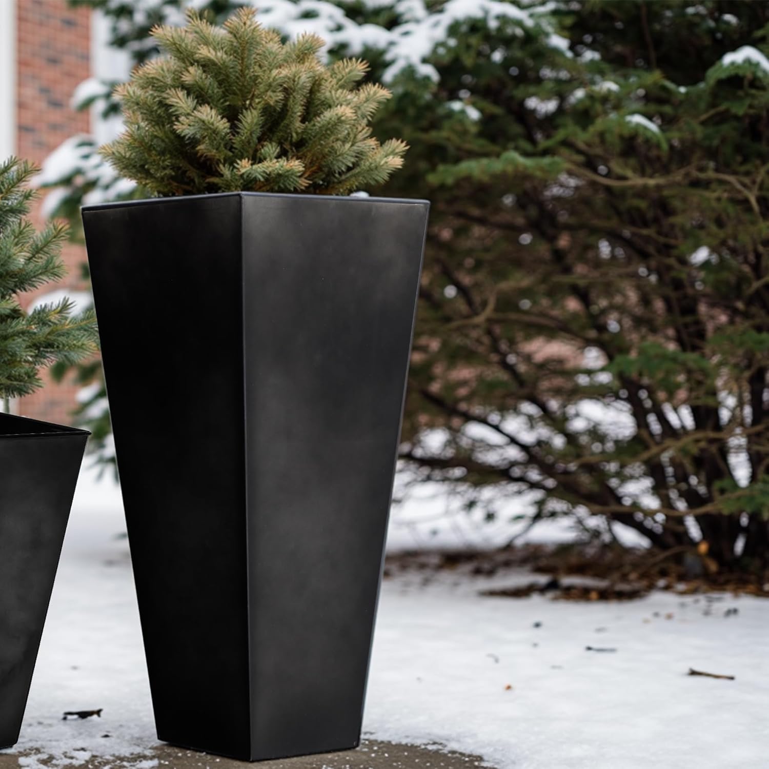 WORTH Garden 25" Large Metal Glazed Planter Set of 2, Luxurious Glossy Finish Black Tall Square