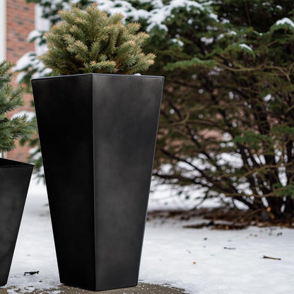 WORTH Garden 25" Large Metal Glazed Planter Set of 2, Luxurious Glossy Finish Black Tall Square