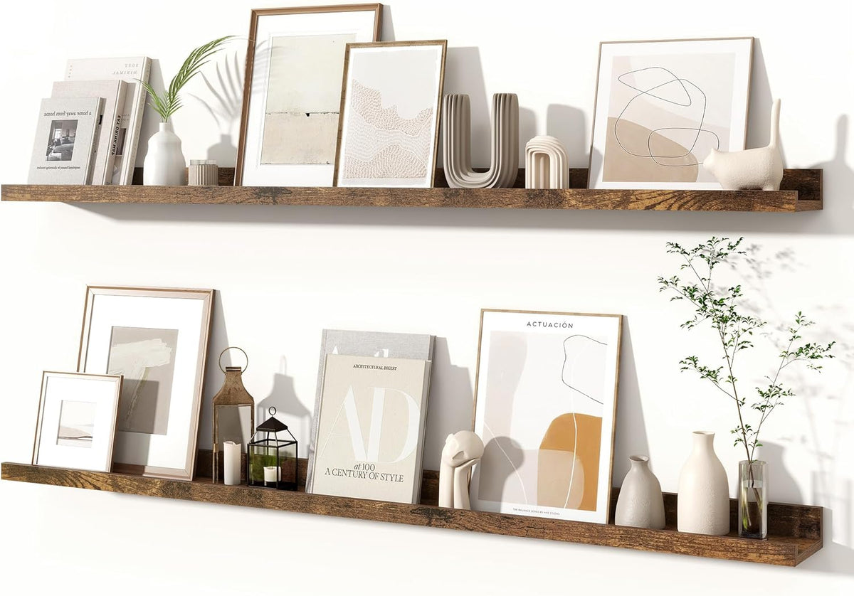 Fun Memories Picture Ledge Shelves Set of 2, 48 Inch Rustic Wall Mounted Floating Shelves with Lip