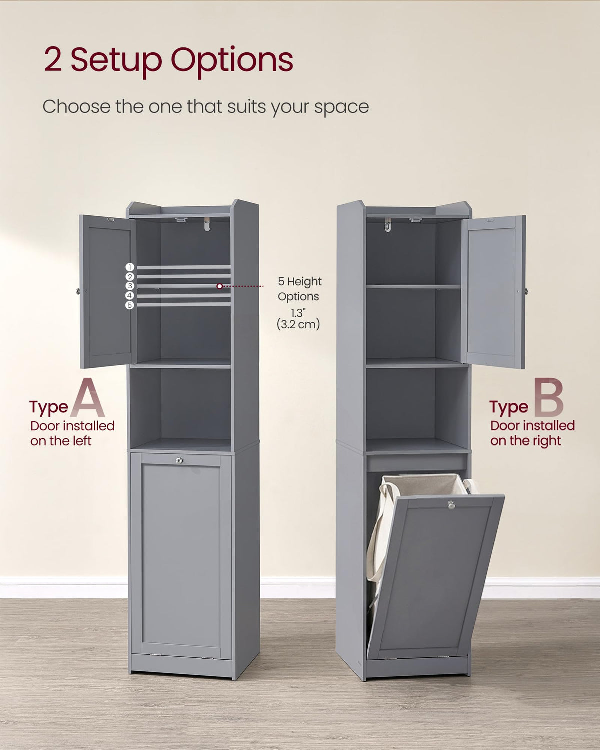 VASAGLE Tall Storage Cabinet, Storage Unit with Removable Laundry Basket, Compartment and Cabinet