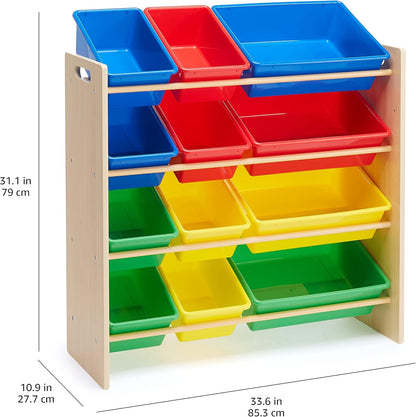 Amazon Basics Kids Toy Storage Organizer With 12 Plastic Bins, Natural Wood With Bright Bins, 10.9"
