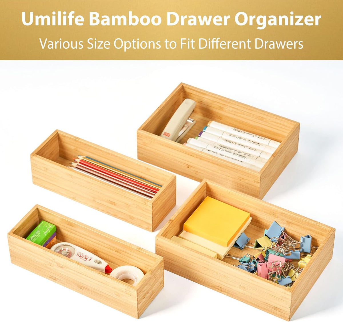 Umilife Bamboo Kitchen Utensils Organizer, Extra High Silverware Drawer Holder, Flatware Cutlery