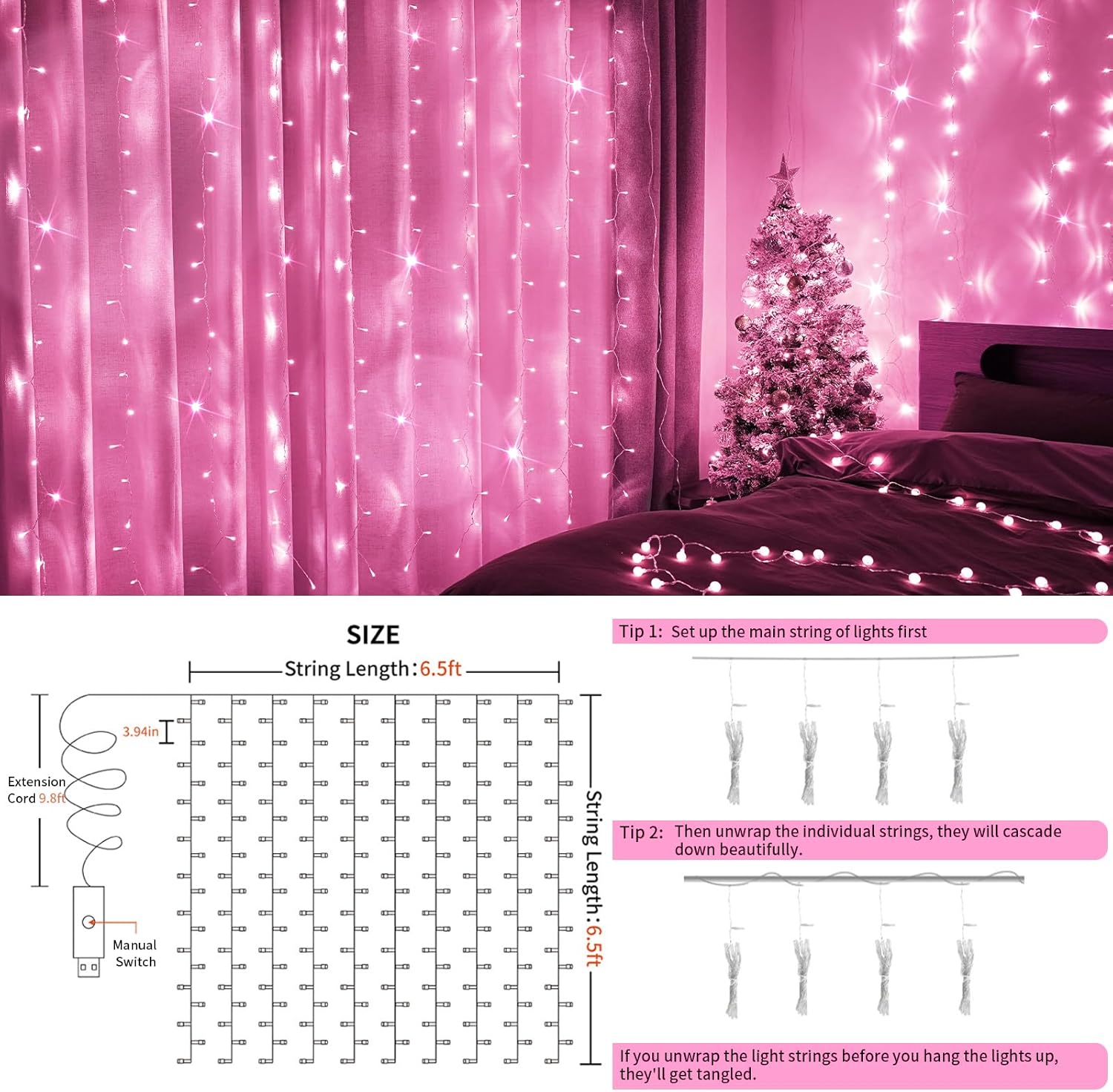 suddus Curtain Lights for Bedroom, 200 Led 6.5ft x 6.5ft Hanging String Lights Outdoor, Fairy