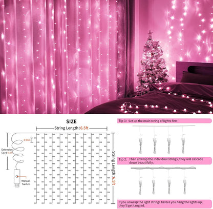 suddus Curtain Lights for Bedroom, 200 Led 6.5ft x 6.5ft Hanging String Lights Outdoor, Fairy