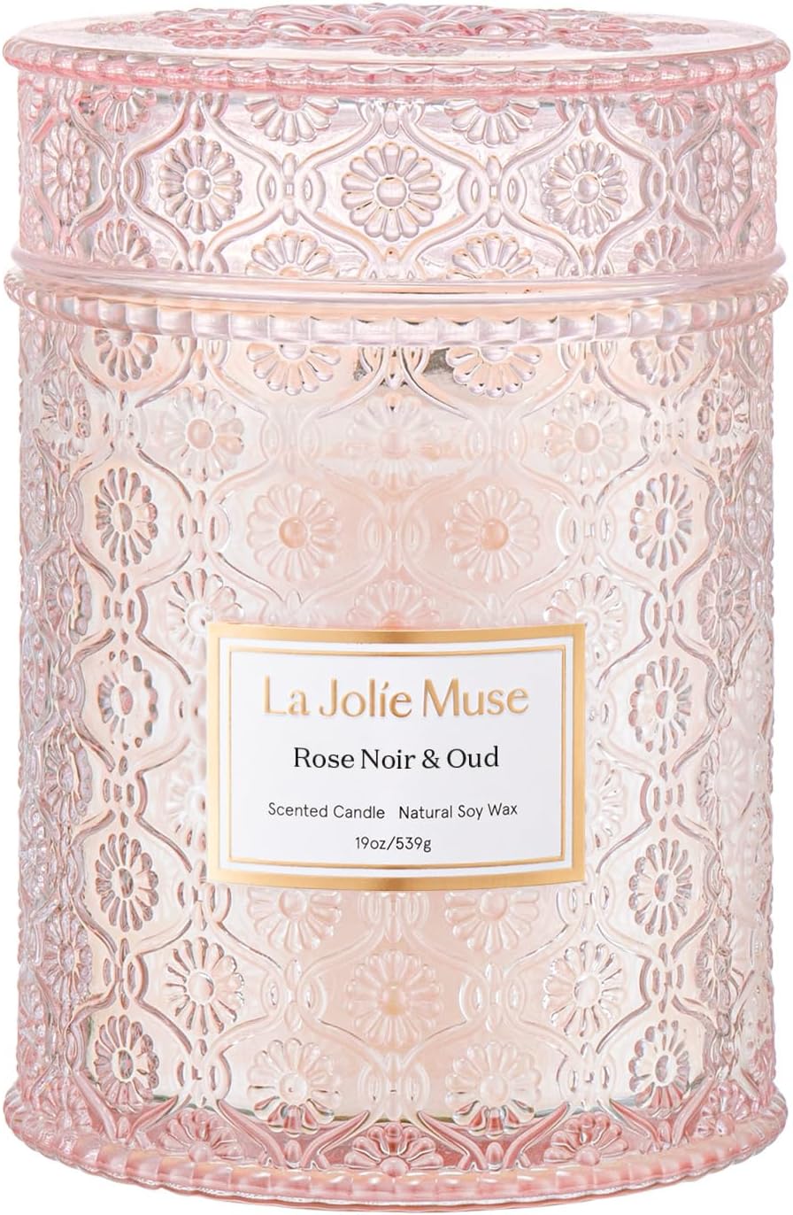 LA JOLIE MUSE Rose Noir & Oud Scented Candle – Lemon, Rose & Oud |19 oz Large Wooden Wick Candle |