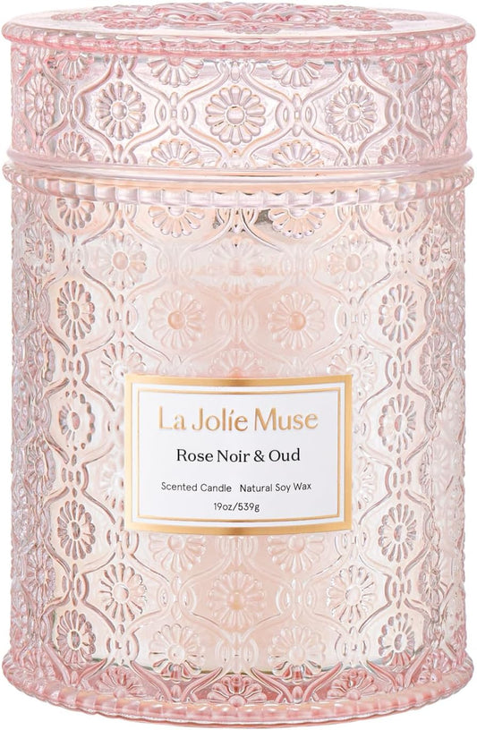 LA JOLIE MUSE Rose Noir & Oud Scented Candle – Lemon, Rose & Oud |19 oz Large Wooden Wick Candle |
