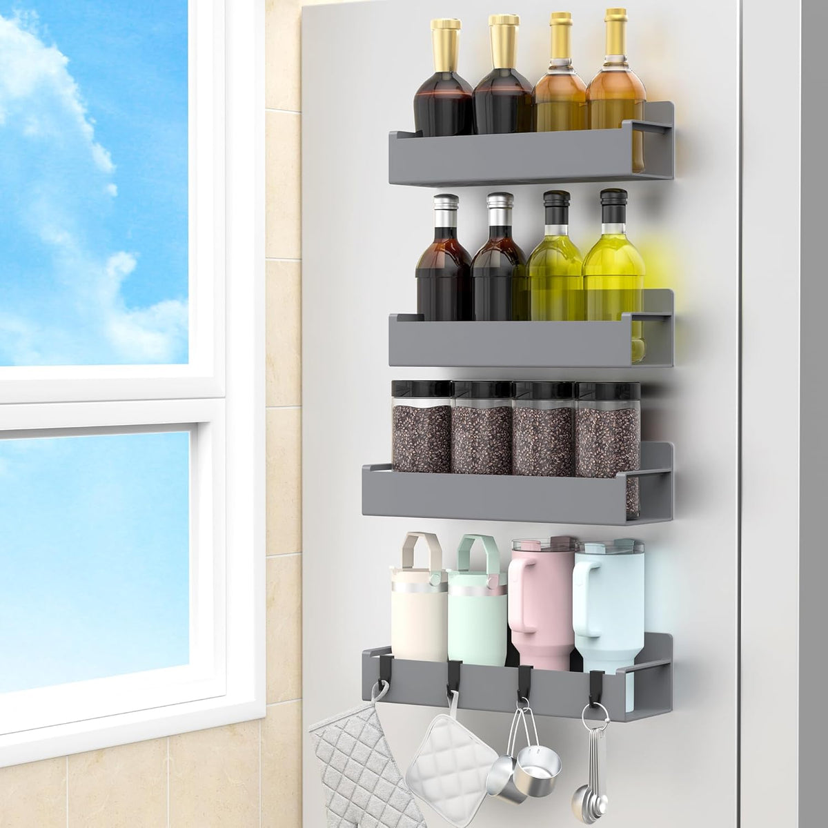 4 Pack Magnetic Spice Rack Organizer for Refrigerator and Oven, Dark Grey Fridge Organizers and