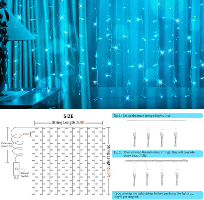 suddus Curtain Lights for Bedroom, 200 Led 6.5ft x 6.5ft Hanging String Lights Outdoor, Fairy