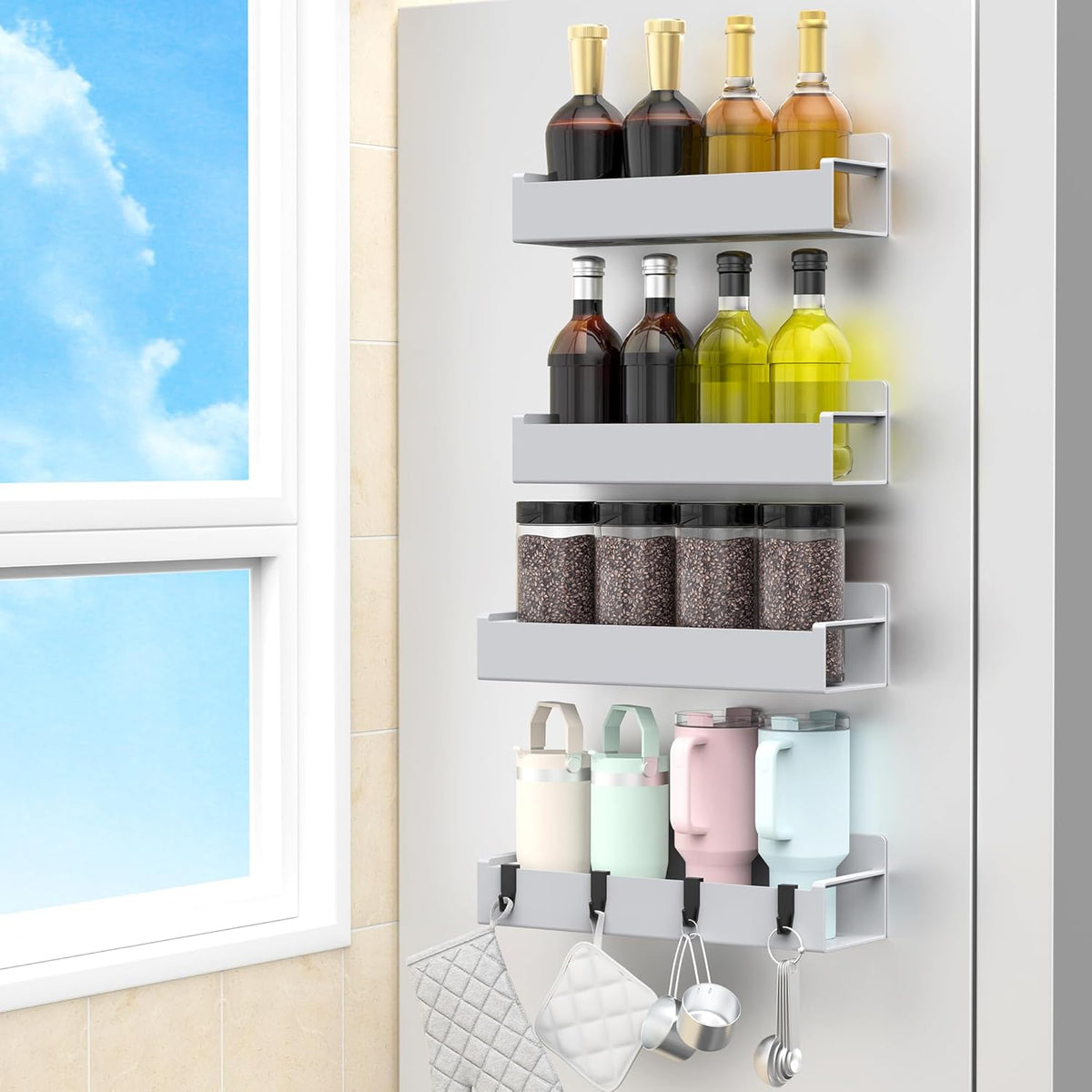 4 Pack Magnetic Spice Rack Organizer for Refrigerator and Oven, Light Gray Fridge Organizers and