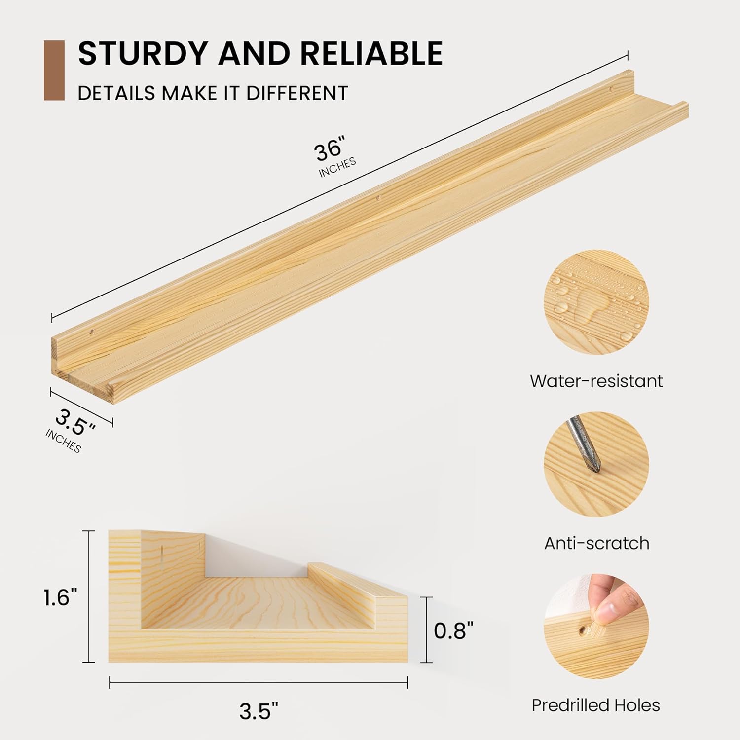 Picture Ledge Shelf, Solid Pine Wood Floating Shelves Set of 2, 32 Inches Nursery Book Shelves for