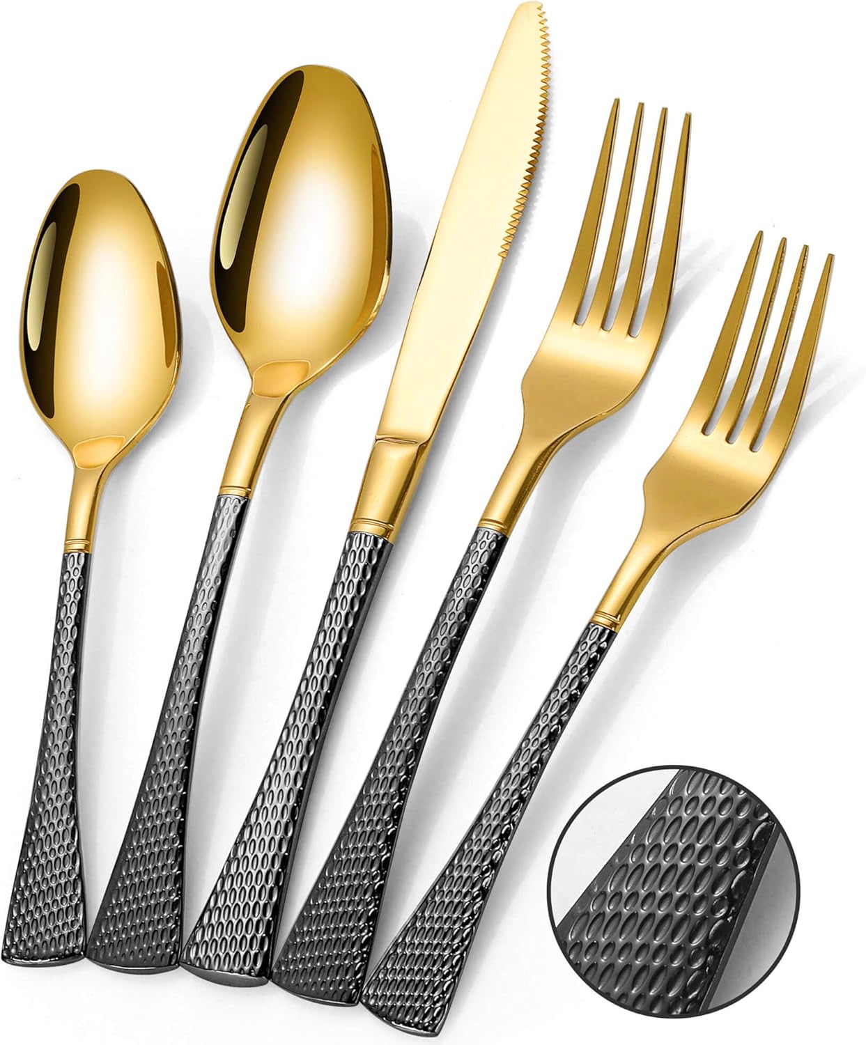 Hammered Black Gold Silverware Set for 8,Stainless Steel 40-Piece Modern Cutlery Set,Mirror