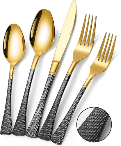 Hammered Black Gold Silverware Set for 8,Stainless Steel 40-Piece Modern Cutlery Set,Mirror