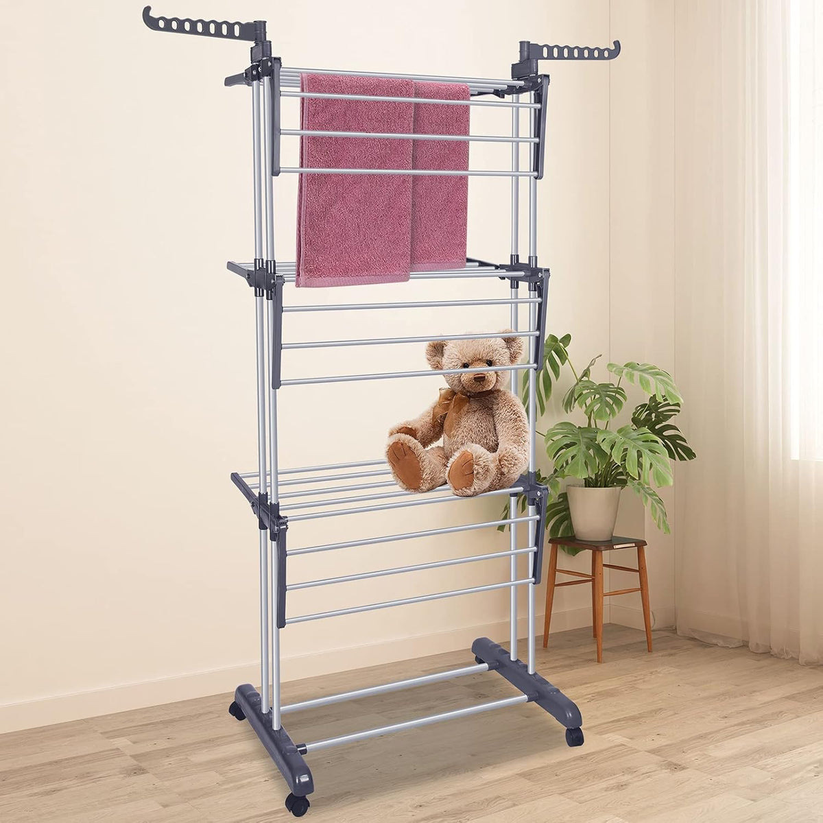 Bigzzia Clothes Drying Rack Folding Drying Rack Clothing 4 Tier Clothes Horses Rack Stainless Steel