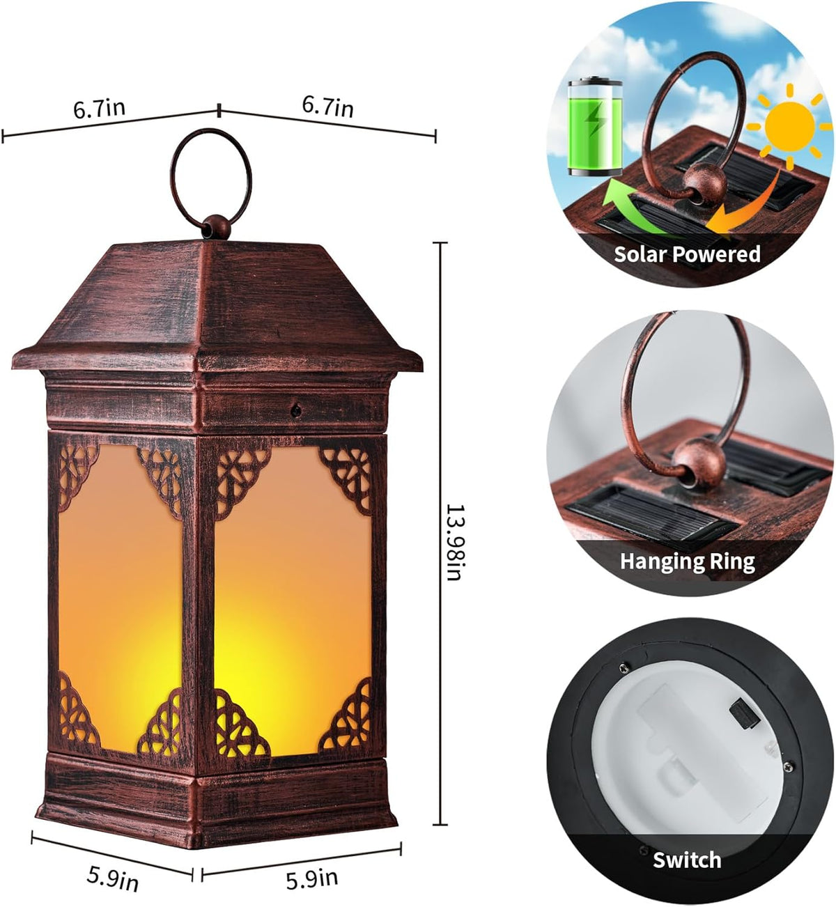 14" Solar Lanterns Outdoor Waterproof, Glass Flickering Flame Solar Lantern, Hanging Metal Lantern
