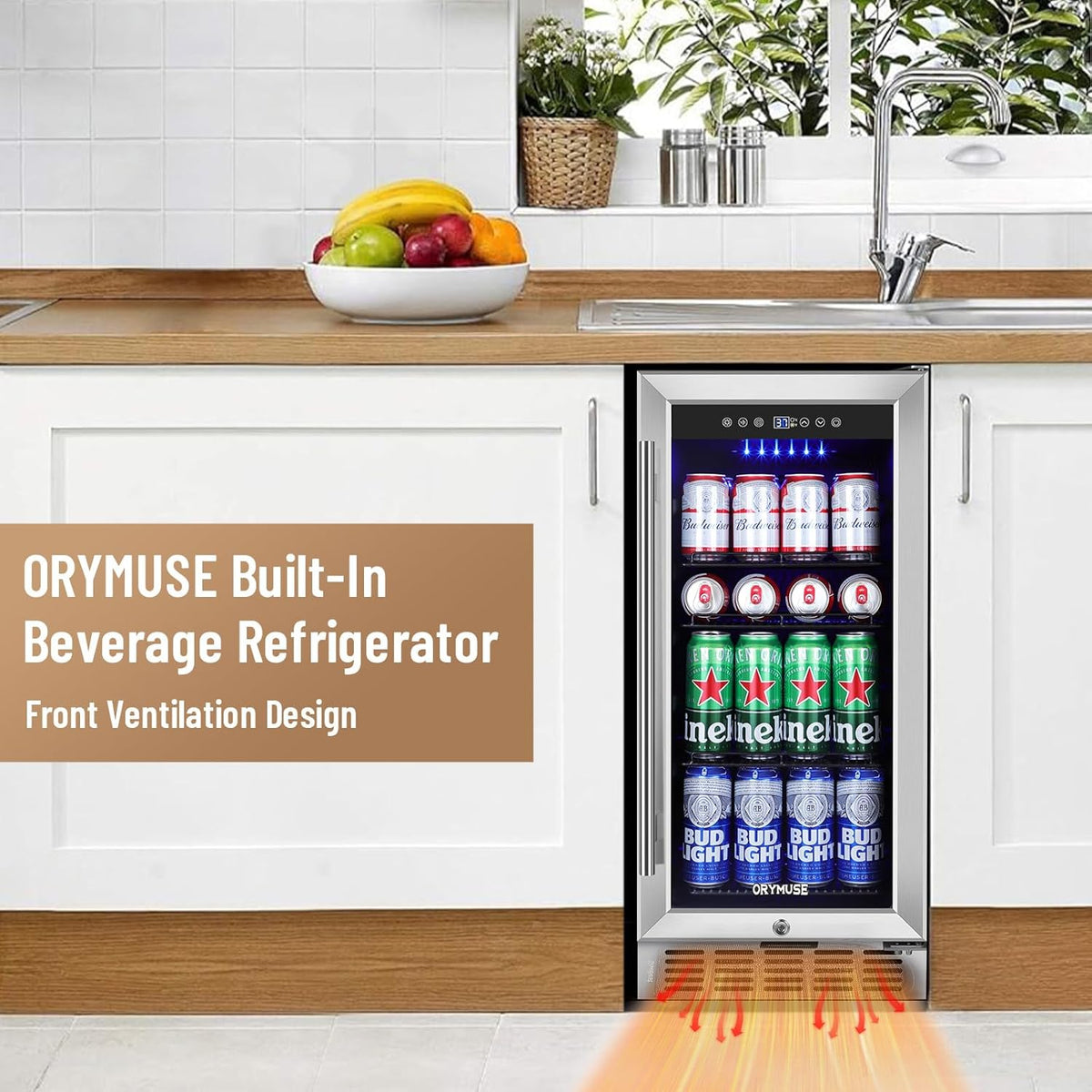 15 Inch Beverage Refrigerator, 130 Can Capacity Under Counter Fridge with Lock & Glass Door, Quiet