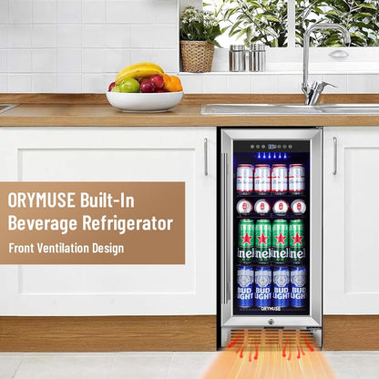 15 Inch Beverage Refrigerator, 130 Can Capacity Under Counter Fridge with Lock & Glass Door, Quiet