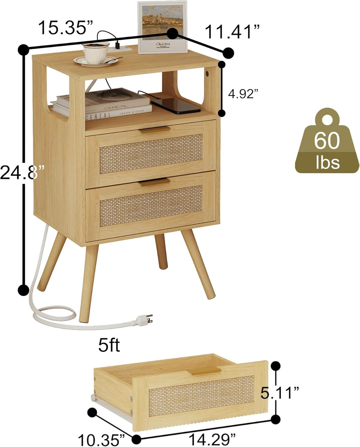 Rattan Nightstand with Charging Station,Modern Bedside Table with 2 Storage Drawer and Open Wood