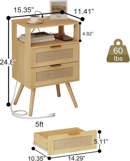 Rattan Nightstand with Charging Station,Modern Bedside Table with 2 Storage Drawer and Open Wood