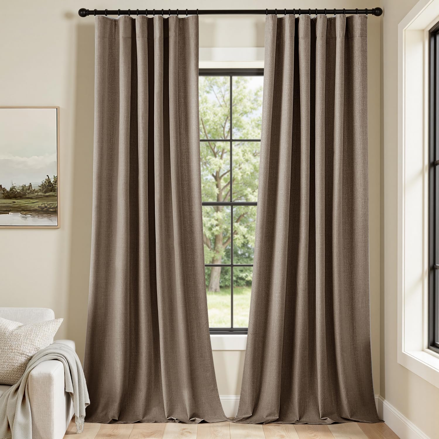 MIULEE 100% Blackout Curtains 90 Inch Long 2 Panels Set for Bedroom, Thick Faux Linen Black Out