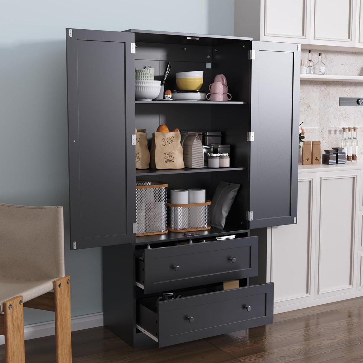 64.2" Tall Black Kitchen Pantry, Storage Cabinet with Doors and Drawers, Freestanding Wooden