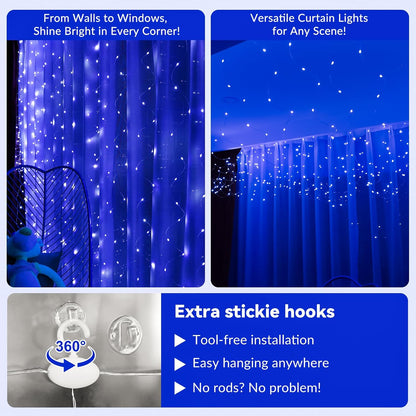HXWEIYE 300LED Blue Fairy Curtain Lights with Remote 8 Modes Timer for Bedroom, 9.8x9.8Ft USB Plug