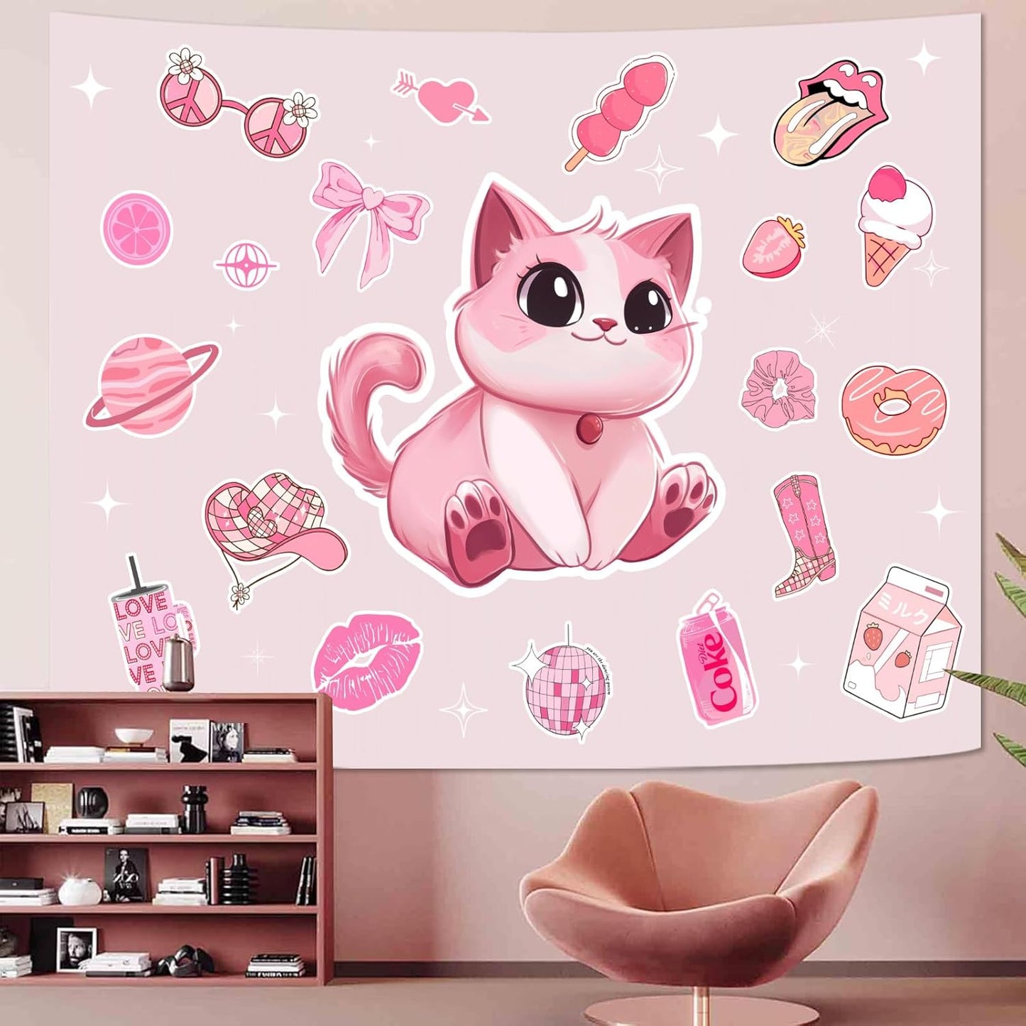 Lunerfex Y2K Tapestry Pink Cat Wall Tapestry, Cute Tapestries for Bedroom Funny Tapestries Wall