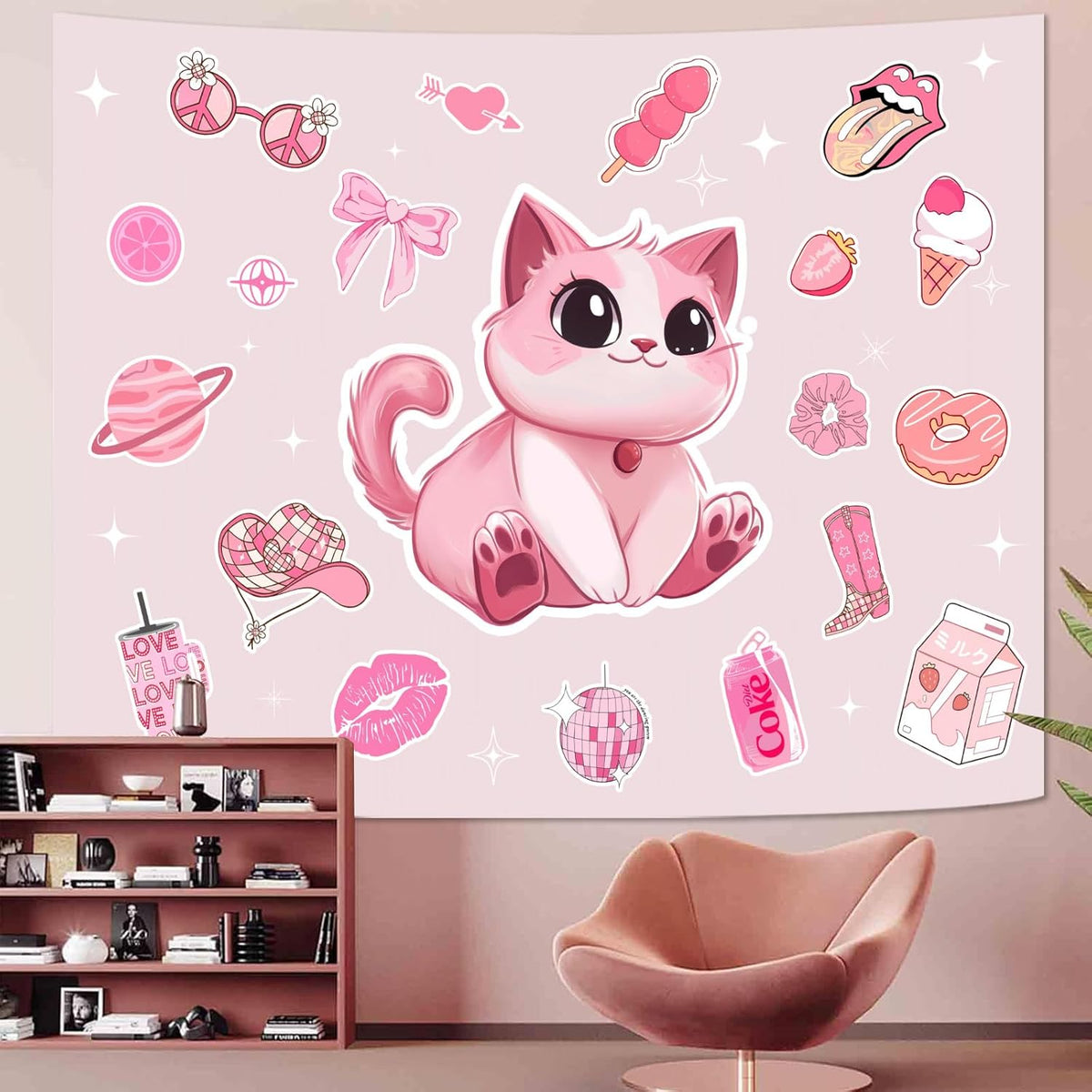 Lunerfex Y2K Tapestry Pink Cat Wall Tapestry, Cute Tapestries for Bedroom Funny Tapestries Wall