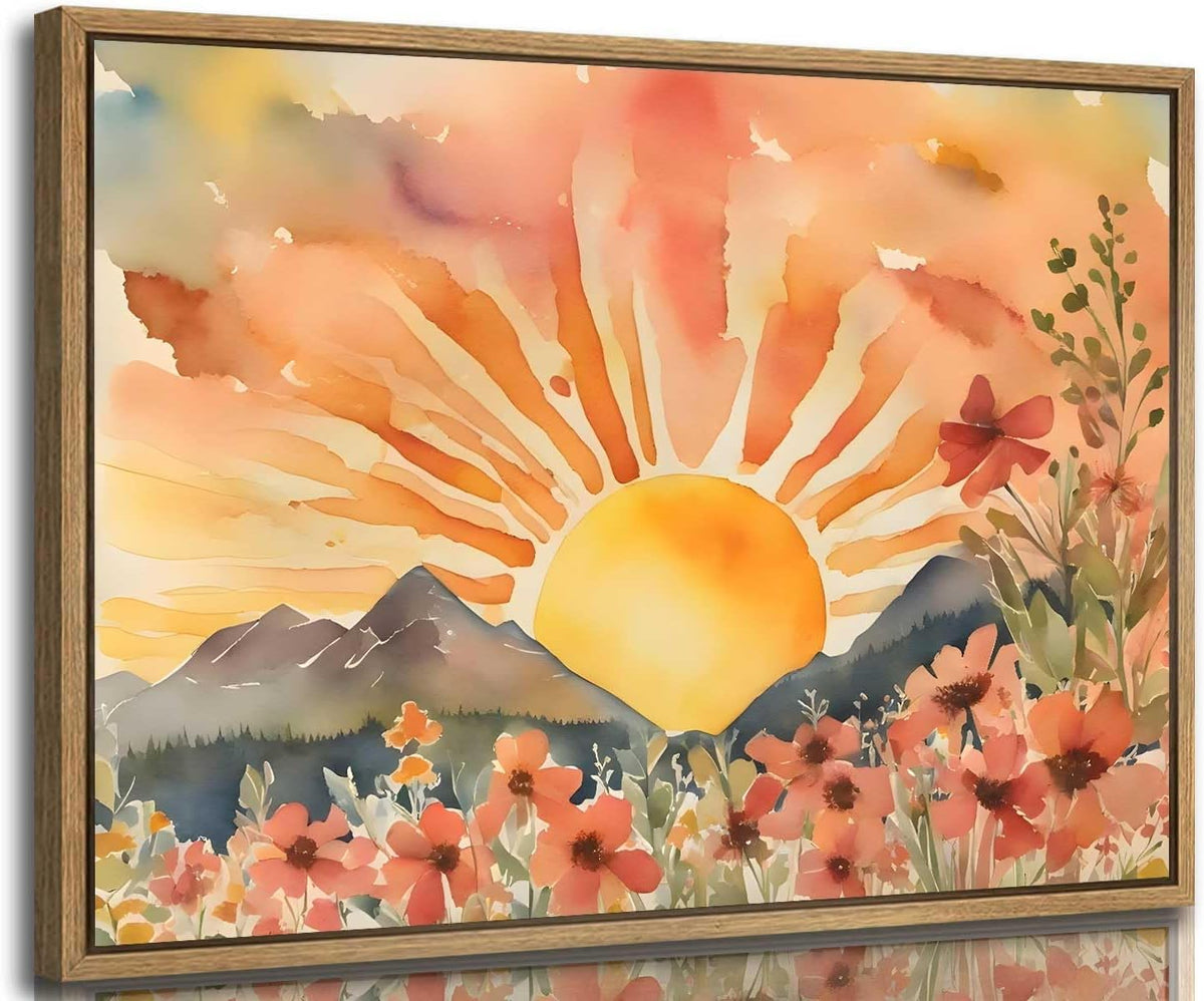 Framed Boho Sun Canvas Wall art Mid-Century Modern Abstract Bohemian Sunset in The Mountains