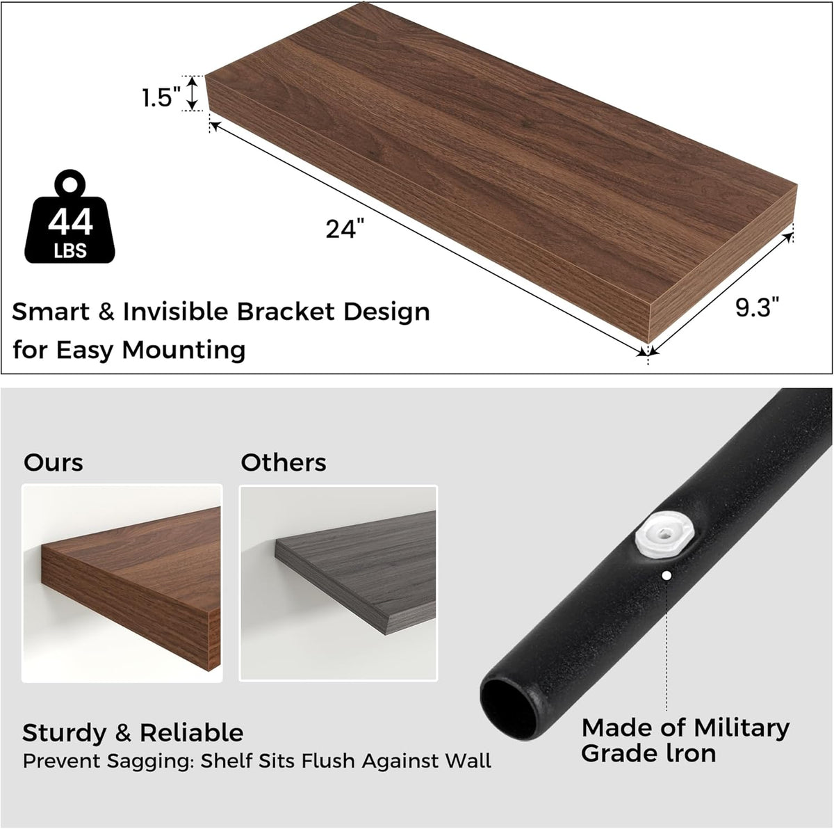 Floating Shelves - 2 Large Wall Mounted Shelves with Invisible Brackets, Long Wood Floating Wall