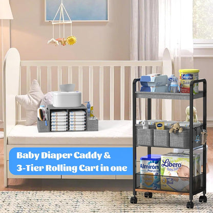 2In1 Baby Diaper Caddy & 3-Tier Rolling Diaper Cart, Caddy Organizer Cart with Dividers, Mobile