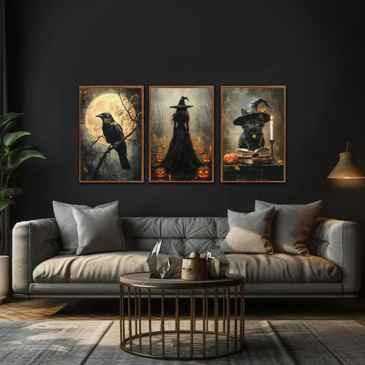 KAIRNE Framed Halloween Canvas Wall Art,Dark Witch Crow Prints,Black Cat Painting,Horror Gothic