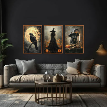 KAIRNE Framed Halloween Canvas Wall Art,Dark Witch Crow Prints,Black Cat Painting,Horror Gothic
