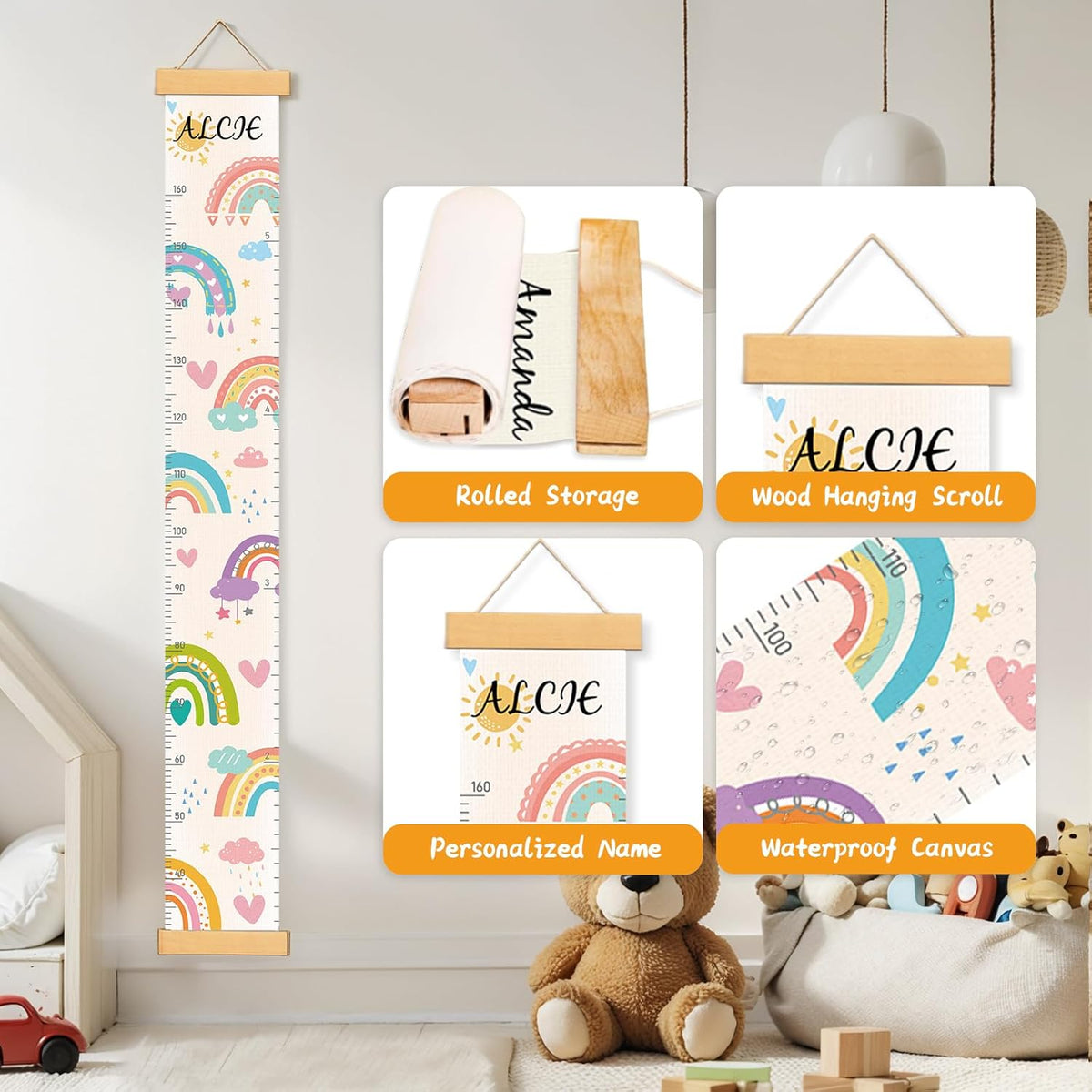 Personalized Name Growth Chart Wall Decor for Kids – Canvas Removable Height Chart Measuring Ruler