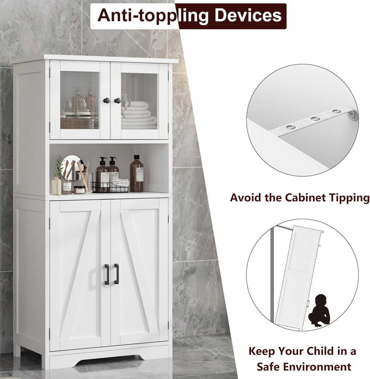 GarveeHome 54in Tall Bathroom Cabinet, Farmhouse Storage Cabinet with Glass Doors and Adjustable