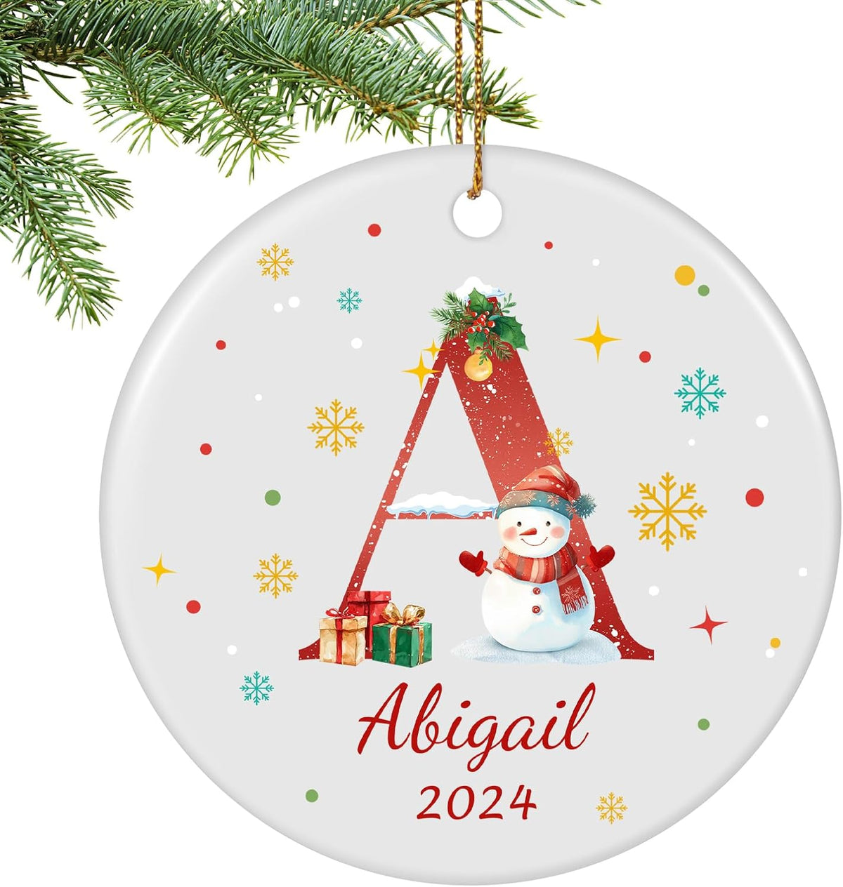 Name Ornaments for Christmas Tree, Custom Initial Monogram Snowman Ceramic Ornament for Kids Boys