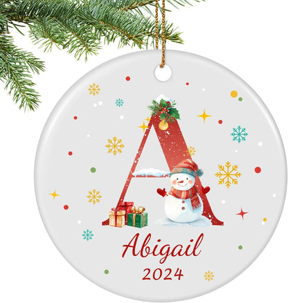 Name Ornaments for Christmas Tree, Custom Initial Monogram Snowman Ceramic Ornament for Kids Boys