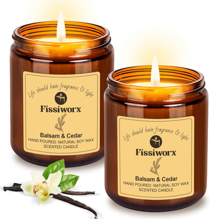 Balsam & Cedar Scented Candle Set 2 Pack – Natural Soy Wax Hand-Poured – Relax and Relieve Stress