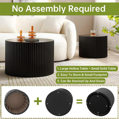 Round Nesting Coffee Table Modern Black Fluted Coffee Table Set of 2 for Living Room Circle Drum