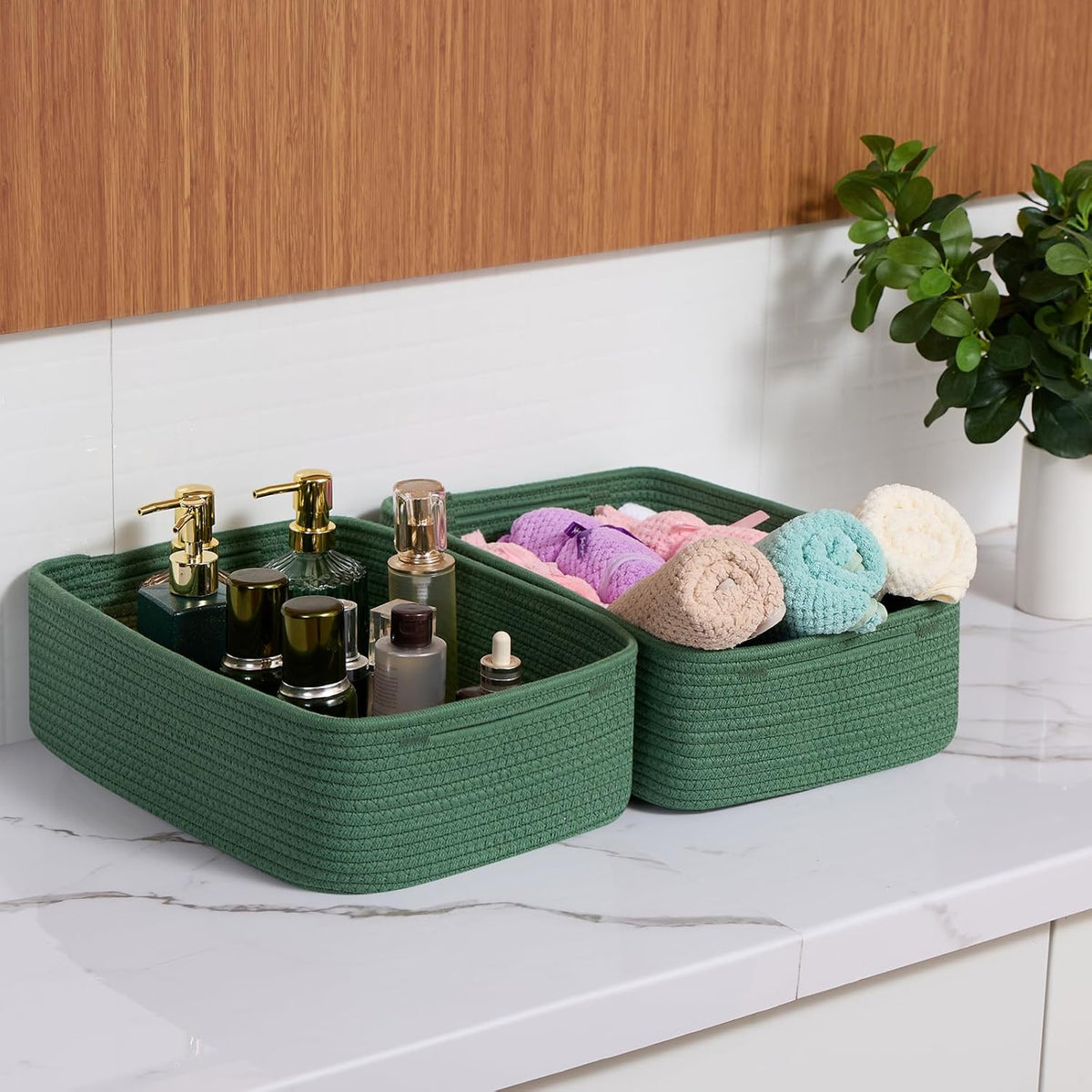 Large Shallow Organizing Baskets 15x11x5.1 Inches - Rope Woven Storage Bins for Bathroom, Shelves